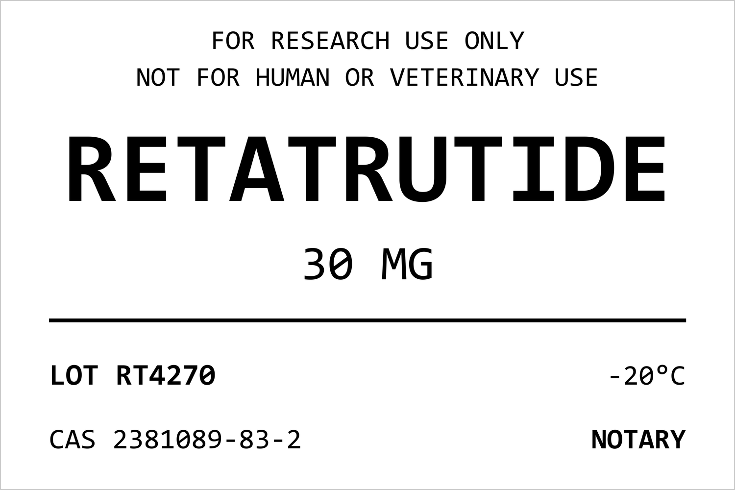 NOTARY vial label: Retatrutide 30 mg, LOT RT4270, CAS 2381089-83-2