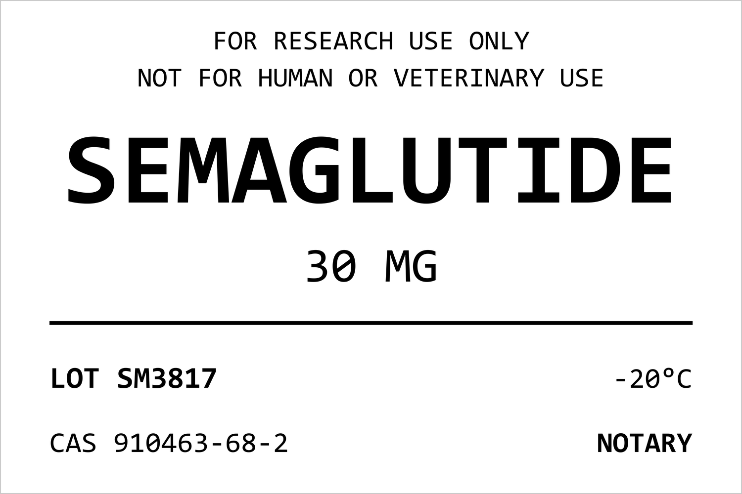 NOTARY SEMAGLUTIDE sample vial label with lot number and CAS